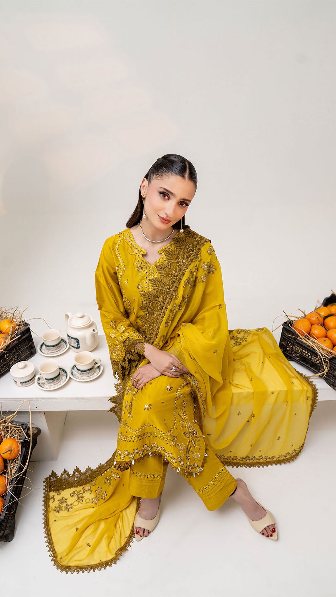 2305-Gold 3-Piece Suit  Embroidered Cotton lawn Suit