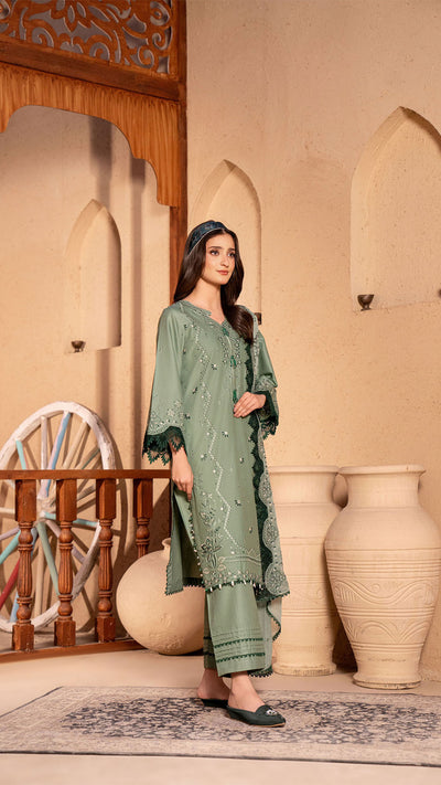 2305-Sea Green 3-Piece Suit  Embroidered Cotton lawn Suit