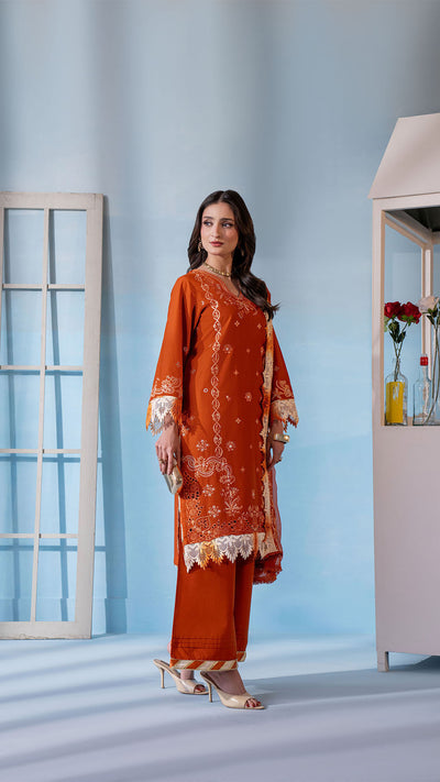 2306-Orange 3-Piece Suit  Embroidered Cotton lawn Suit