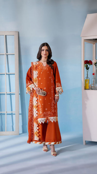 2306-Orange 3-Piece Suit  Embroidered Cotton lawn Suit