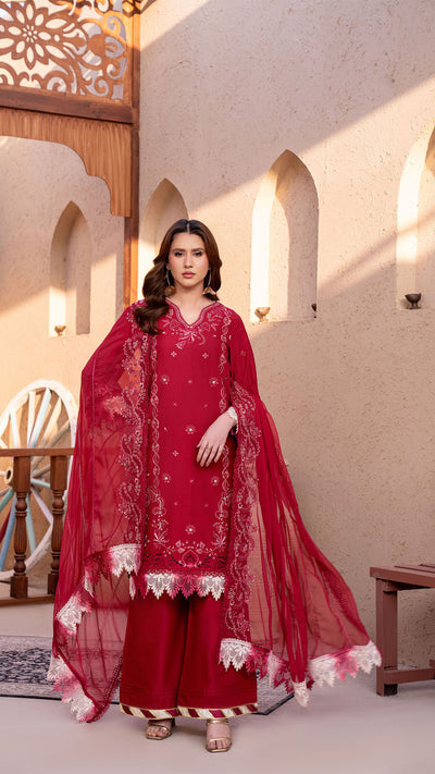 2306-Red Maroon 3-Piece Suit  Embroidered Cotton lawn Suit
