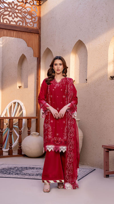 2306-Red Maroon 3-Piece Suit  Embroidered Cotton lawn Suit