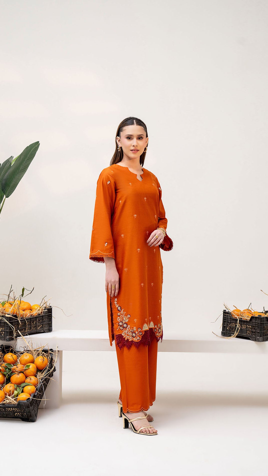 2309- Orange 2-Piece Suit  Embroidered Cotton lawn Suit