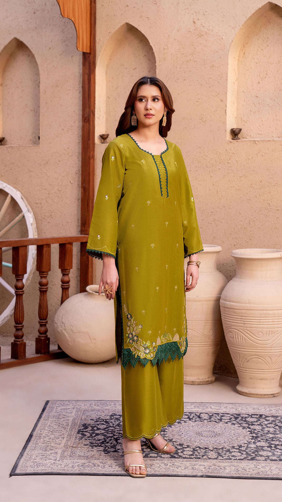 2309- Parrot Green  2-Piece Suit  Embroidered Cotton lawn Suit