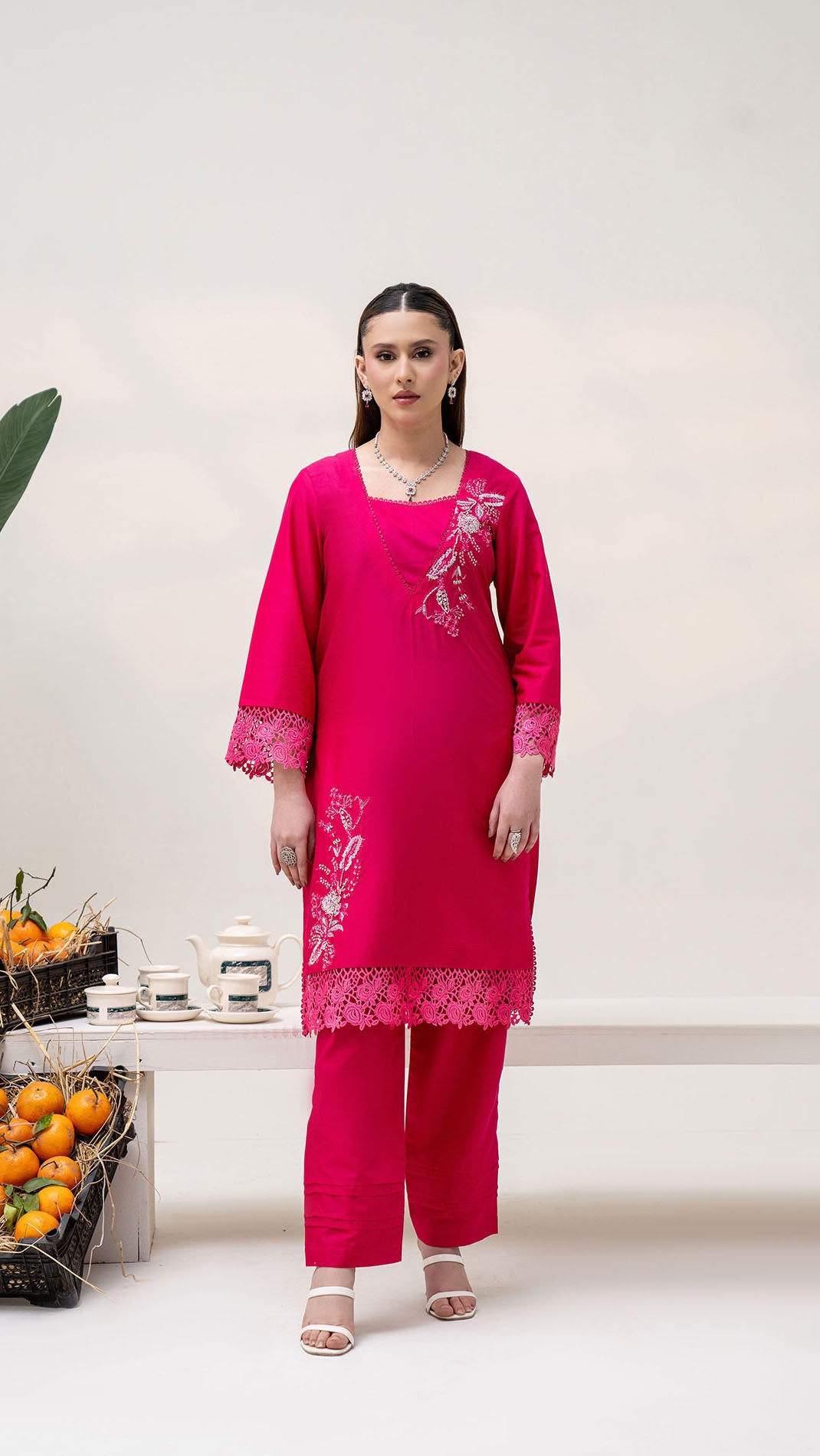 2310-Shocking Pink 2-Piece Suit  Embroidered Cotton lawn Suit