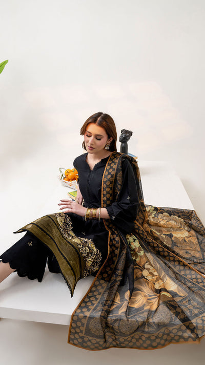 2311-Black 3-Piece Suit  Embroidered Cotton lawn Suit