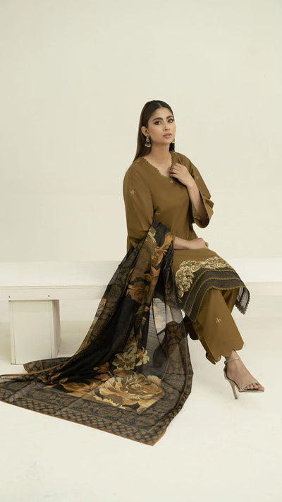 2311-Tobacoo 3-Piece Suit  Embroidered Cotton lawn Suit