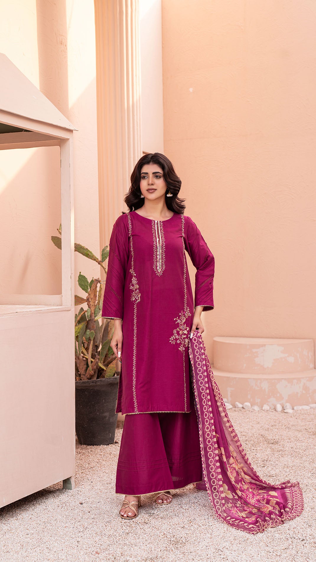 2321 - Hot Pink 3-Piece Suit  Embroidered Cotton lawn Suit