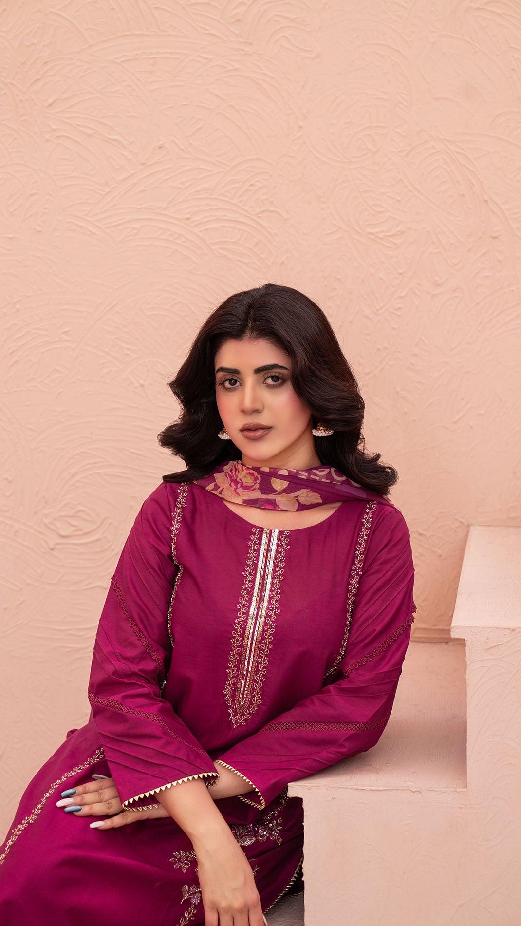 2321 - Hot Pink 3-Piece Suit  Embroidered Cotton lawn Suit