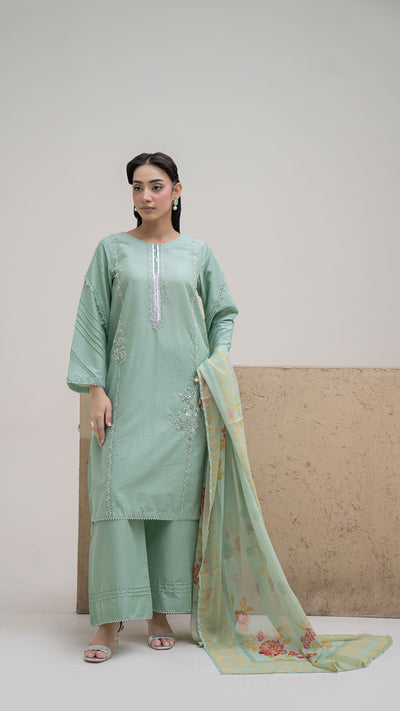 2321 - Sea Green 3-Piece Suit  Embroidered Cotton lawn Suit