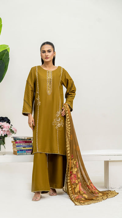 2321 - Tobacco 3-Piece Suit  Embroidered Cotton lawn Suit