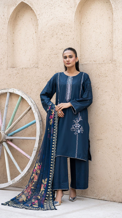 2321 - Zinc Blue 3-Piece Suit  Embroidered Cotton lawn Suit