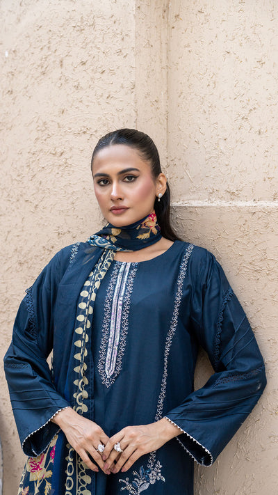 2321 - Zinc Blue 3-Piece Suit  Embroidered Cotton lawn Suit