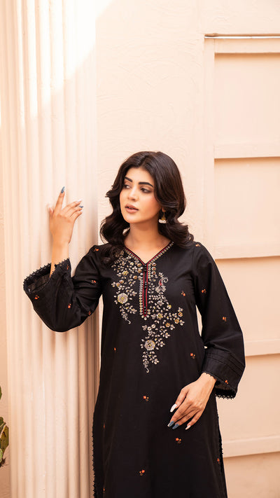 2322-Black Embroidered 2-Piece  Cotton Lawn Suit