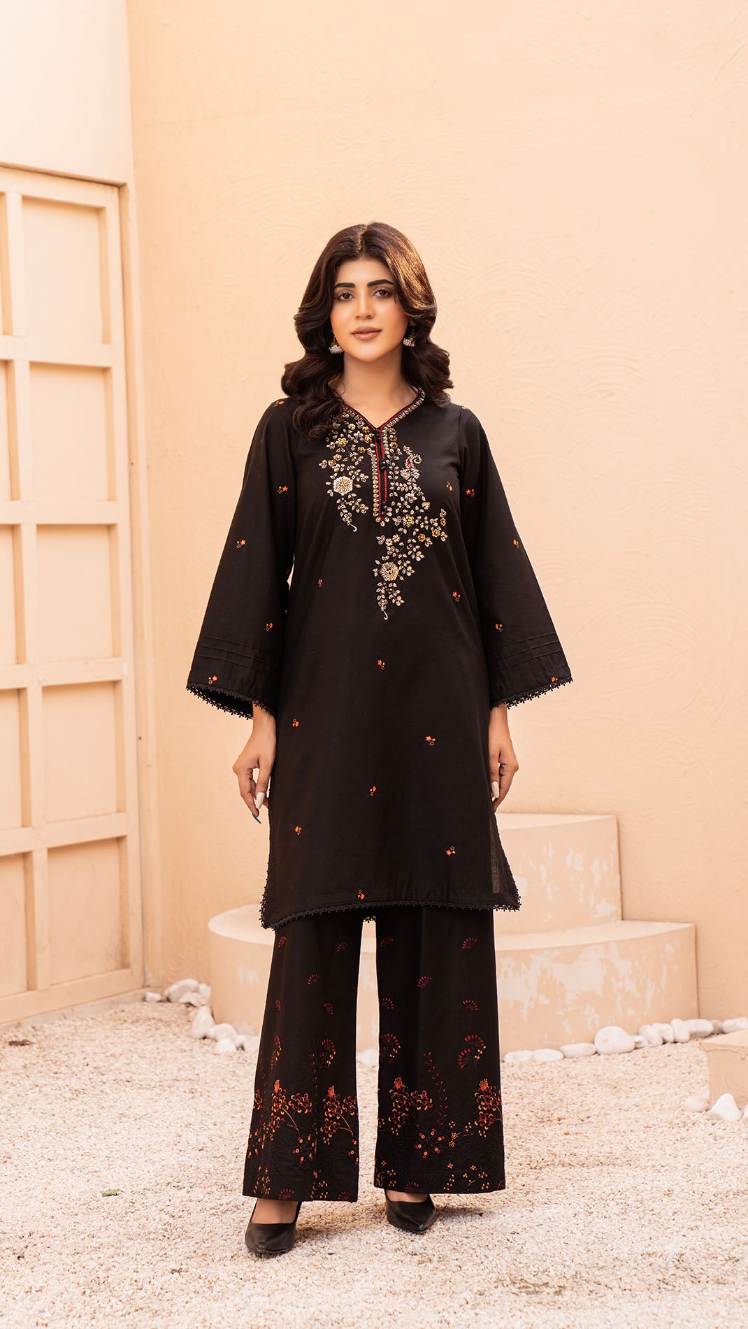 2322-Black Embroidered 2-Piece  Cotton Lawn Suit