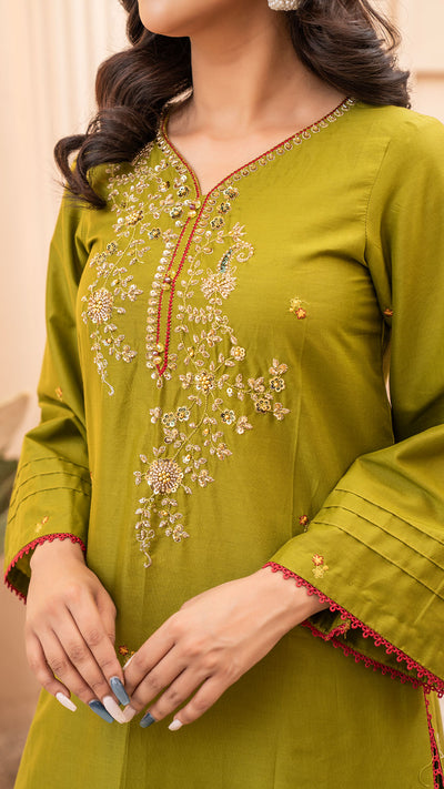 2322-Parrot Green Embroidered 2-Piece  Cotton Lawn Suit