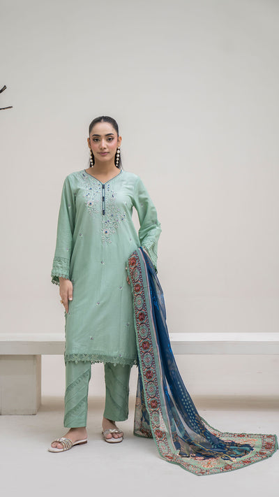 2322 - Sea Green 3-Piece Suit  Embroidered Cotton lawn Suit