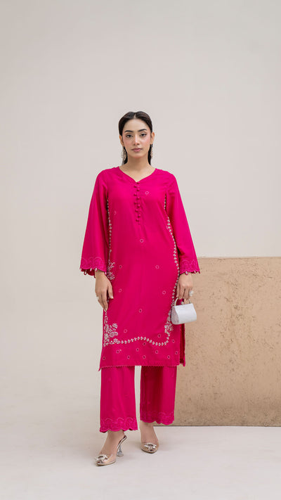 2323-Shocking Pink Embroidered 2-Piece Lawn cotton Suit
