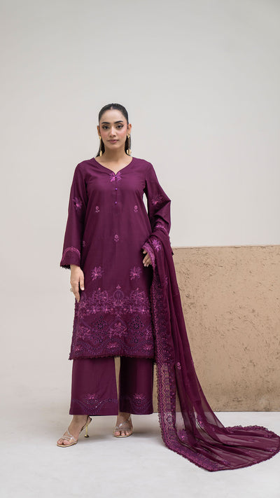 2329 - Purple 3-Piece Suit  Embroidered Cotton lawn Suit