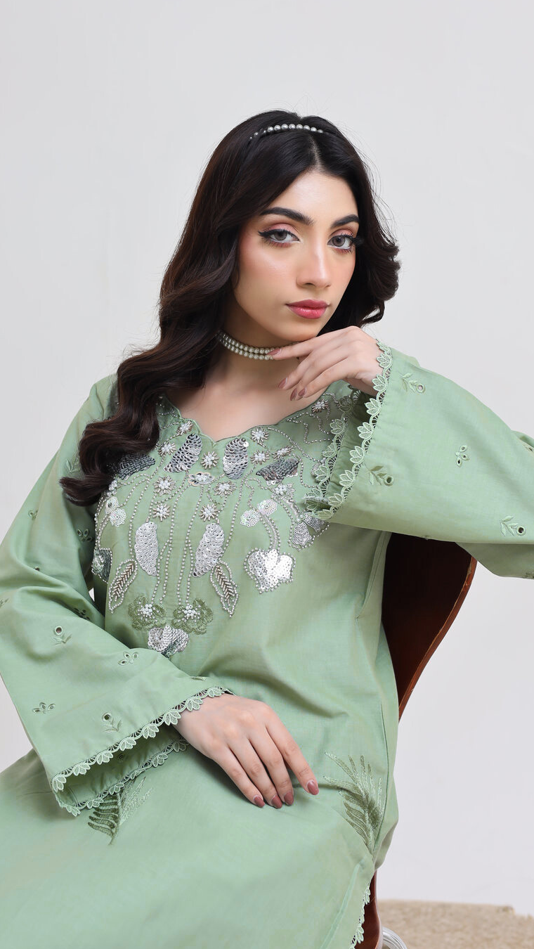 2263-Sea Green Embroidered 2-Piece Cotton Lawn Suit