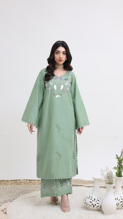 2263-Sea Green Embroidered 2-Piece Cotton Lawn Suit